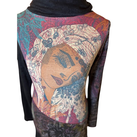 M DY Design Tunic Dress Medium Black Cowl‎ Neck Graphic Print Acrylic Spandex - Picture 2 of 9